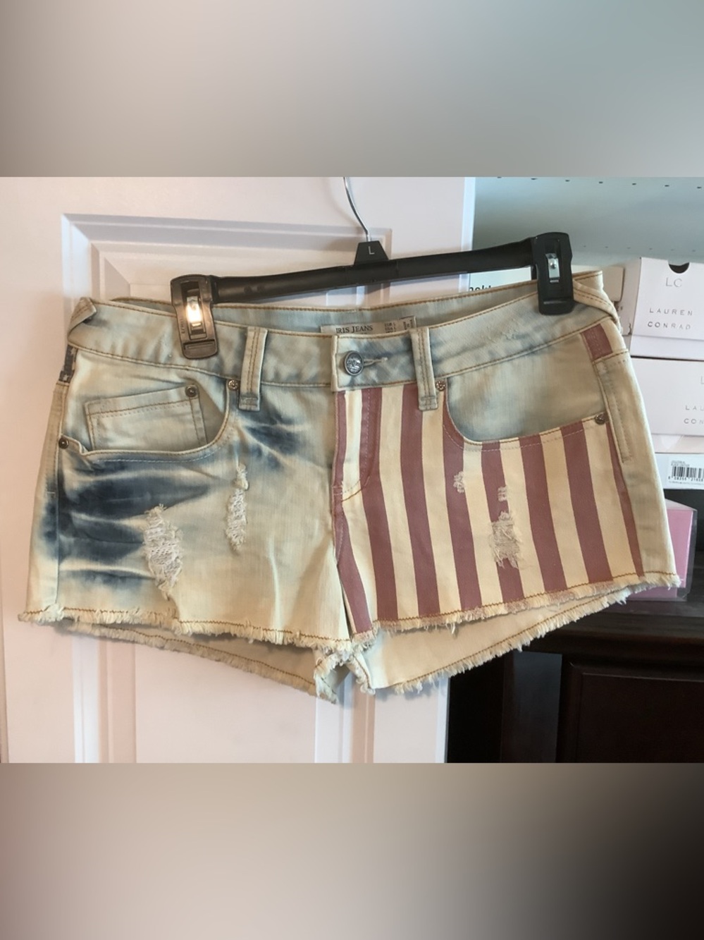 Distressed Flag-Panel Denim Shorts - Red Stripe